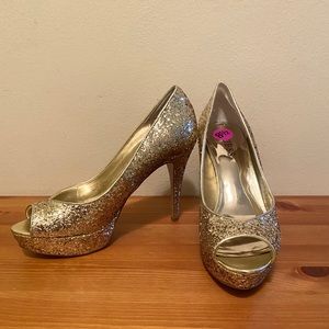 Guess "Gaby Gale" Glitter Gold Peep Toe Platforms